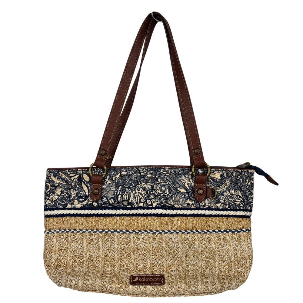 Sakroots Ellis Straw Satchel Shoulder Bag Blue Floral Boho Leather Trim Handbag